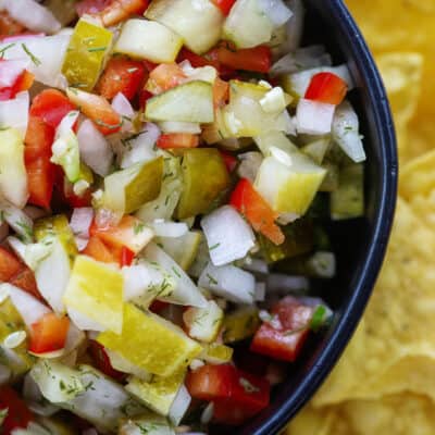 homemade pickle de gallo recipe in small black bowl.