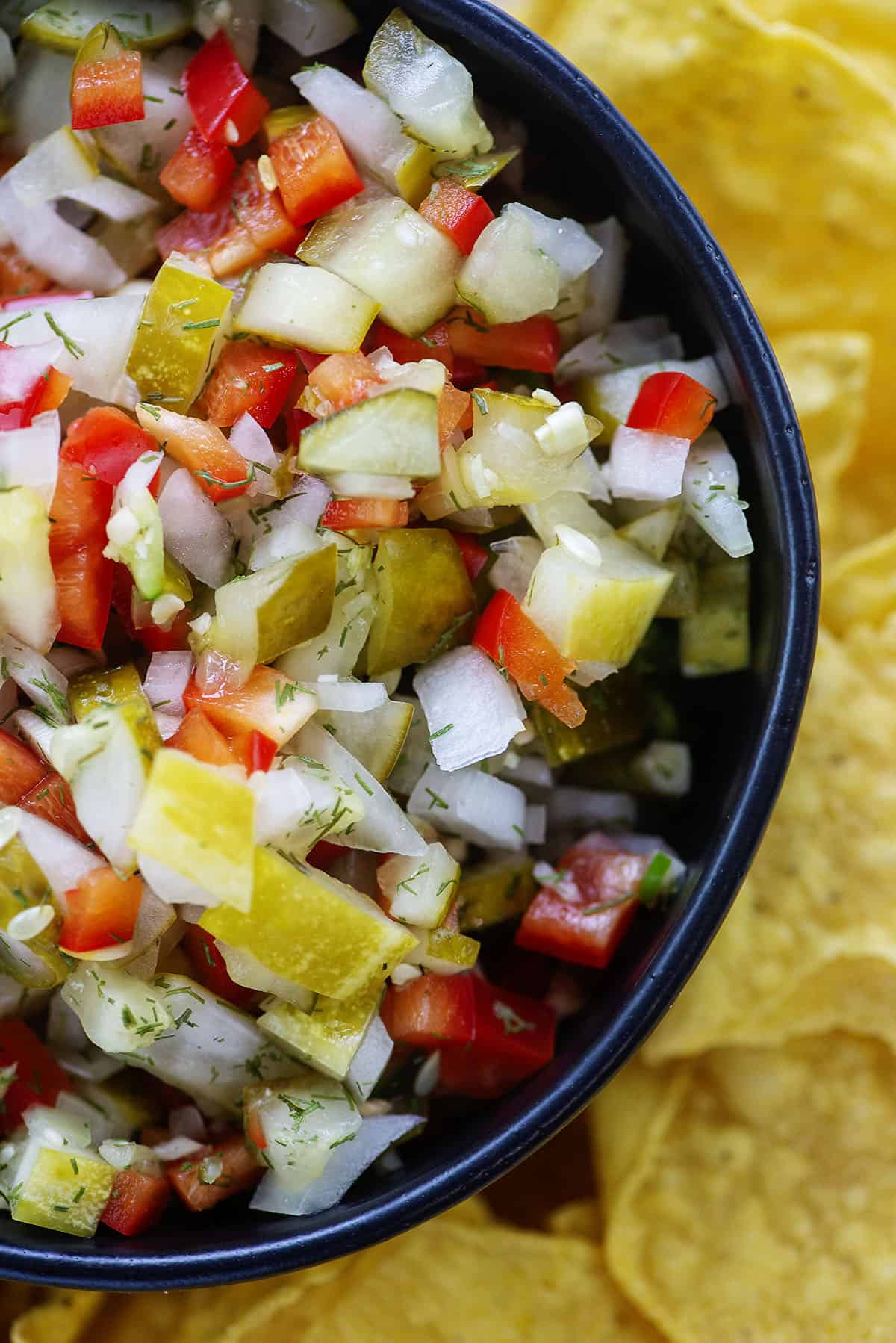 homemade pickle de gallo recipe in small black bowl.