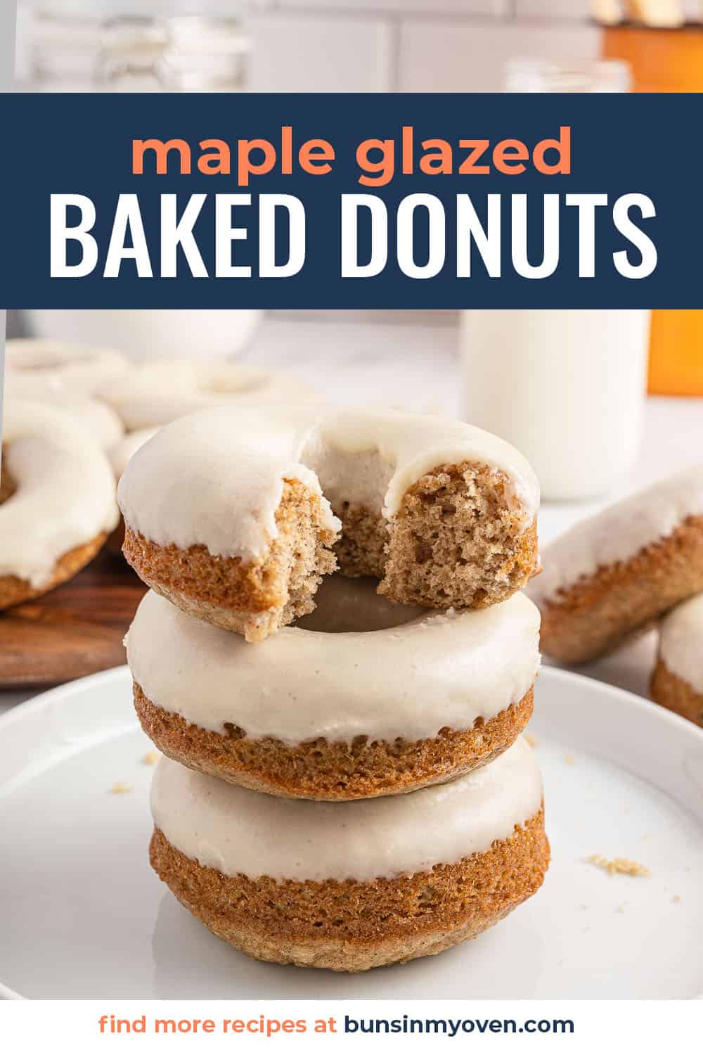 maple glazed donuts stacked on white plate.