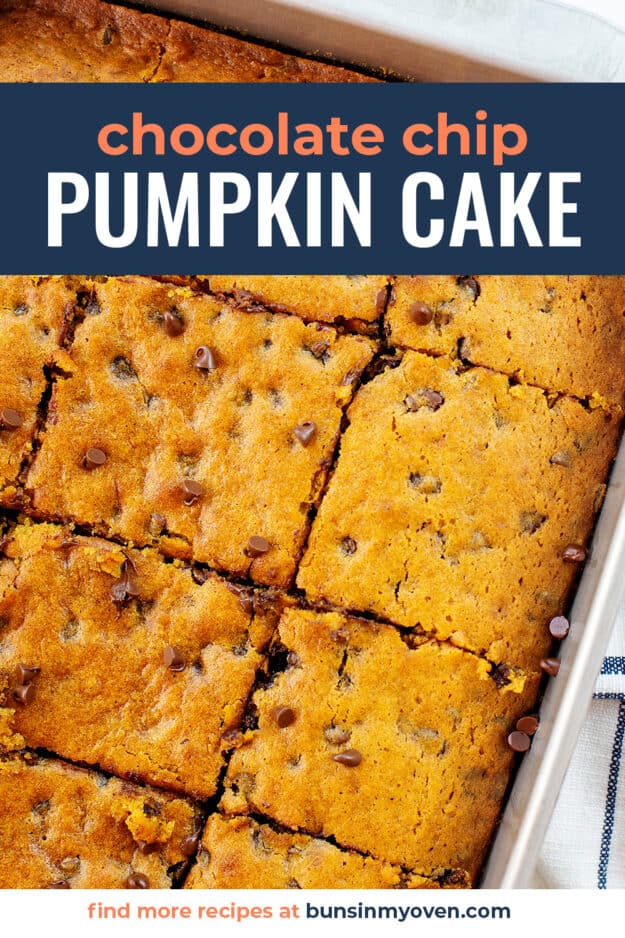 overhead view of sliced pumpkin cake in metal baking dsih wtih text for pinterest.