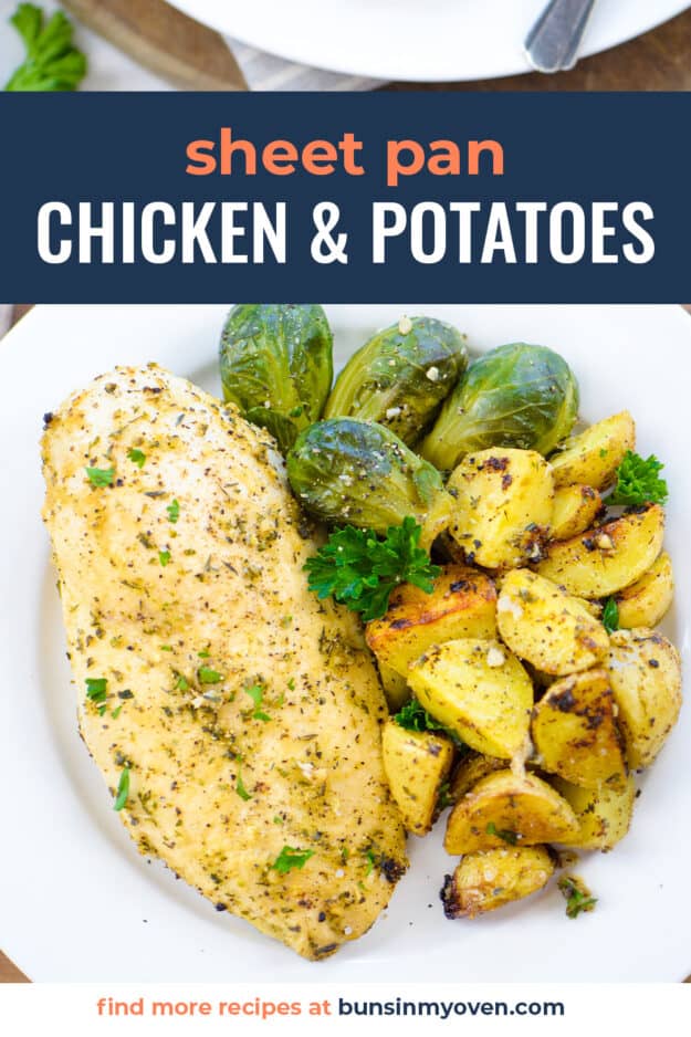 chicken, potatoes, and brussels sprouts on white plate.