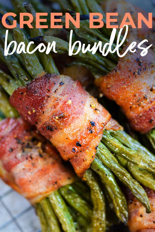 Pile of bacon wrapped green bean bundles.