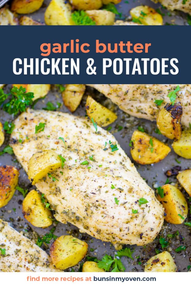 chicken and potatoes on sheet pan with text for Pinterest.