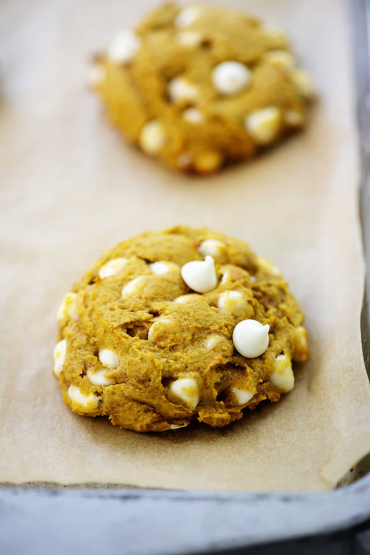 white chocolate chip pumpkin cookies on baking sheet.