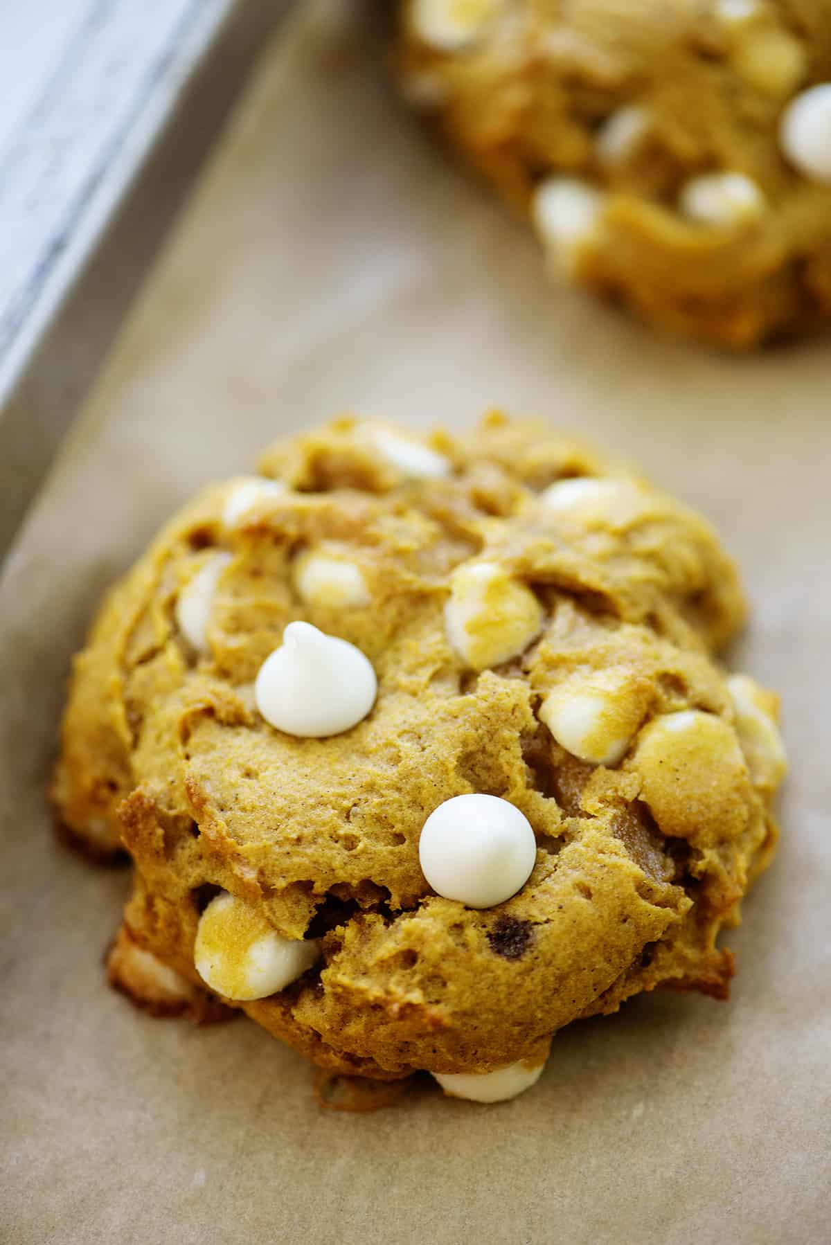 pumpkin cookie studded with white chocolate chips on baking sheet.