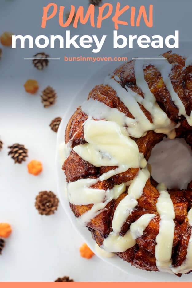 Overhead view of monkey bread on cake plate.