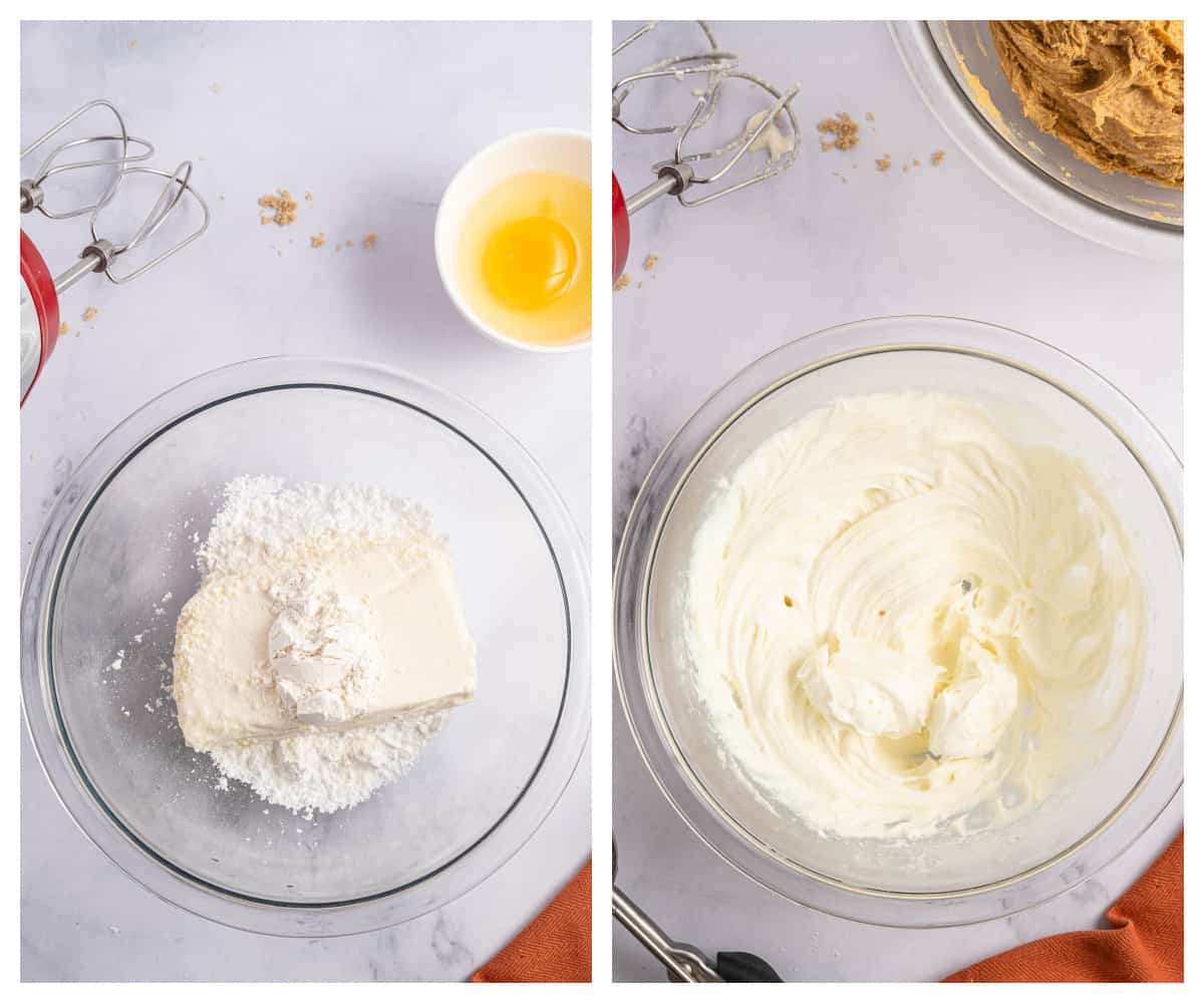 Collage showing how to make cheesecake filling for cookies.