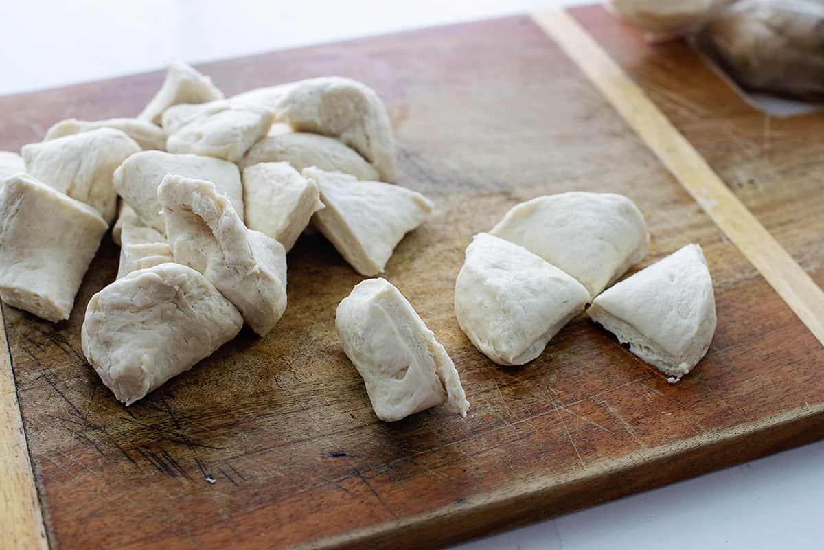 Biscuits chopped into quarters.