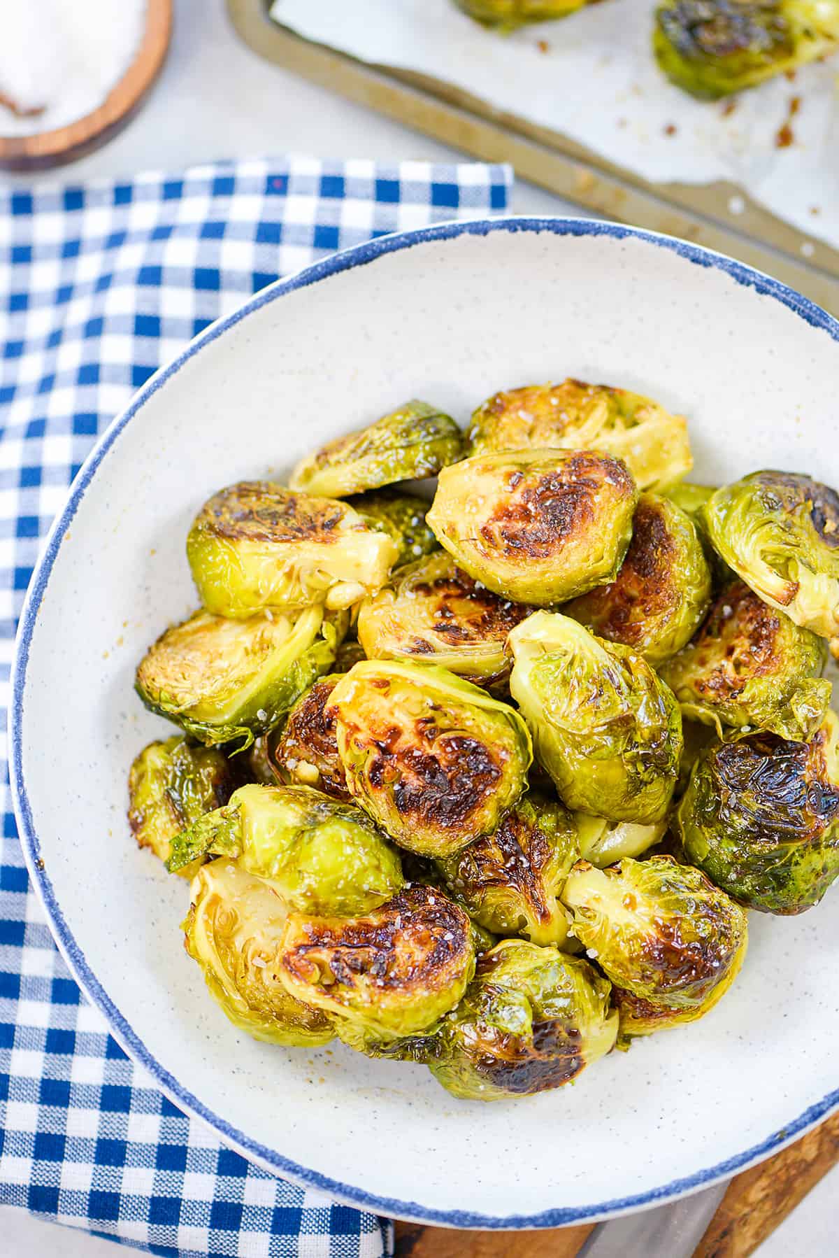 Roasted honey balsamic Brussels sprouts in bowl.