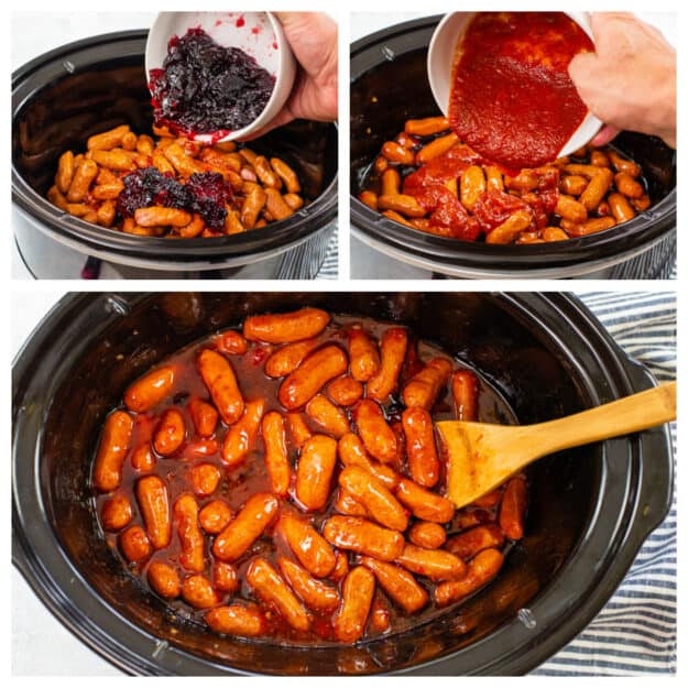 Collage showing how to make crock pot lil smokies.