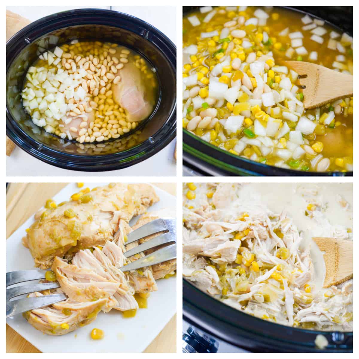 Collage showing the steps to making crock pot white chicken chili.