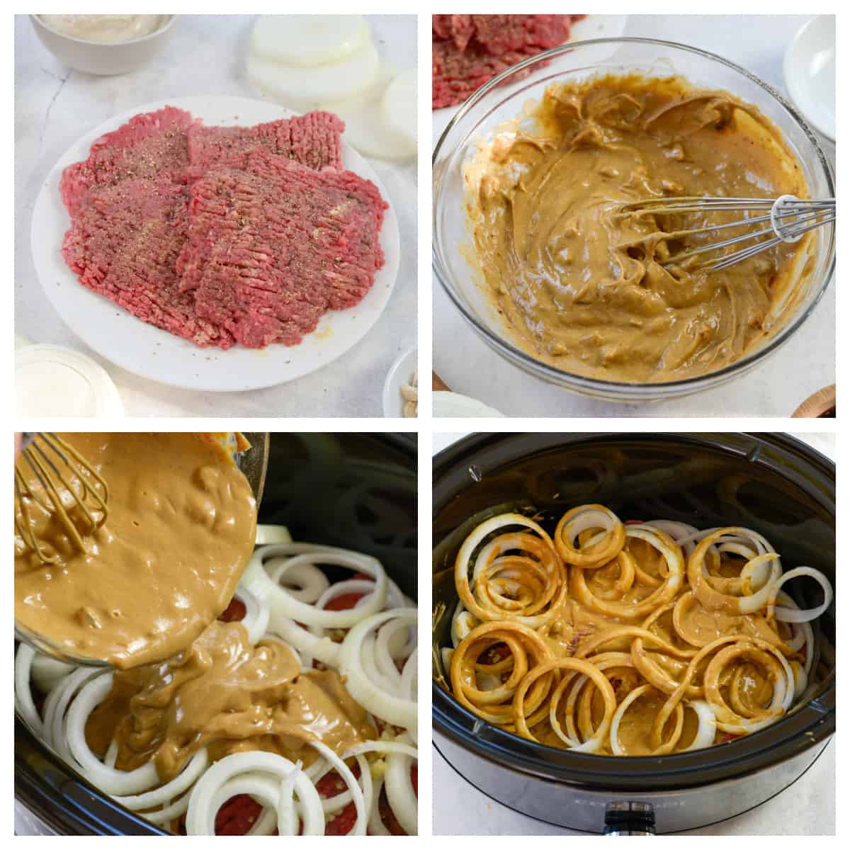 Collage showing how to make crockpot cube steak.