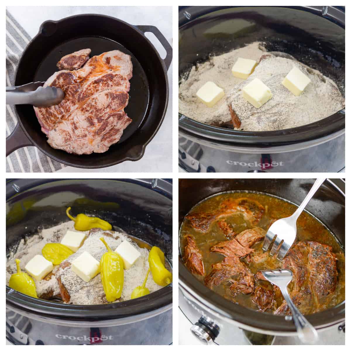 Collage showing how to make Mississippi pot roast in the crockpot.