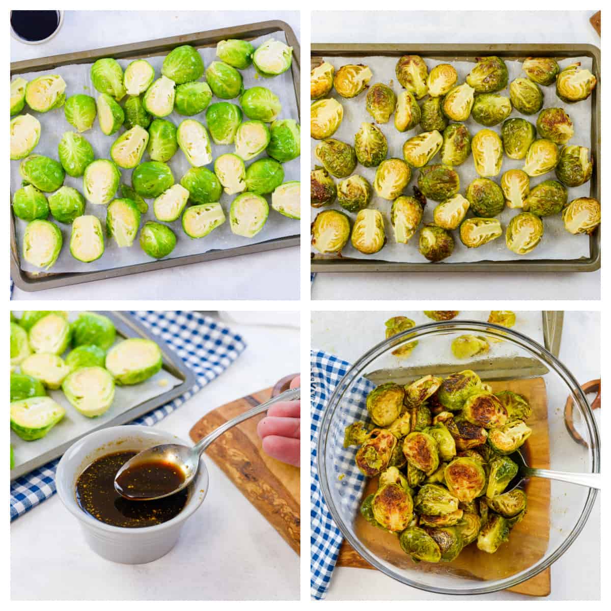 Collage showing how to make roasted Brussels sprouts with honey balsamic sauce.