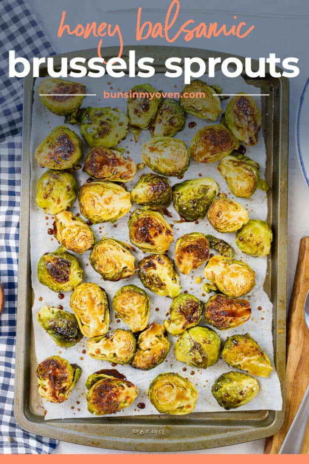 Honey Balsamic Brussels Sprouts on sheet pan.