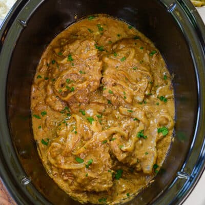 Cube steak and gravy in crockpot.