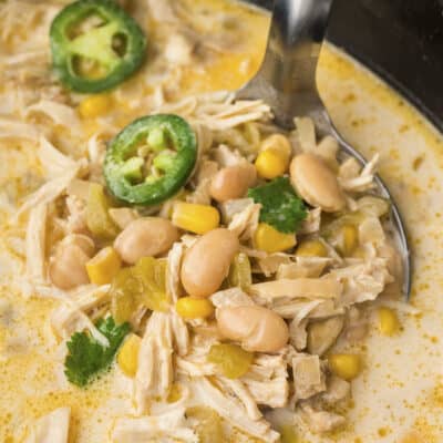 Ladle full of white chicken chili in crockpot.