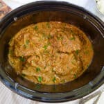 Overhead view of crock pot cube steak recipe.