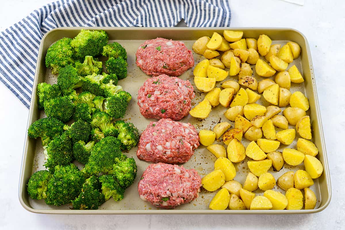 Meatloaf and vegetables on sheet pan.