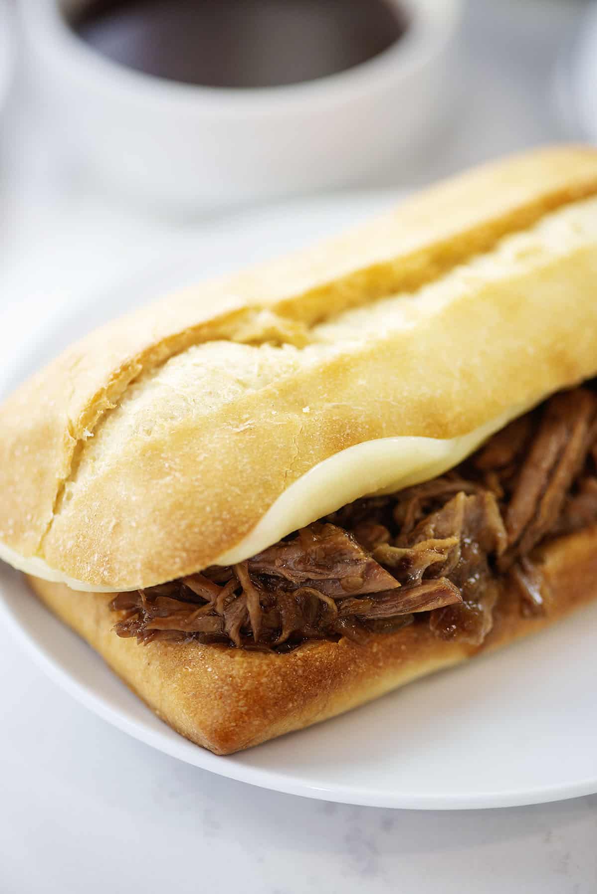 Close up view of French dip sandwich on plate.