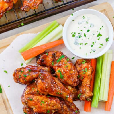 Overhead view of honey BBQ chicken wings.