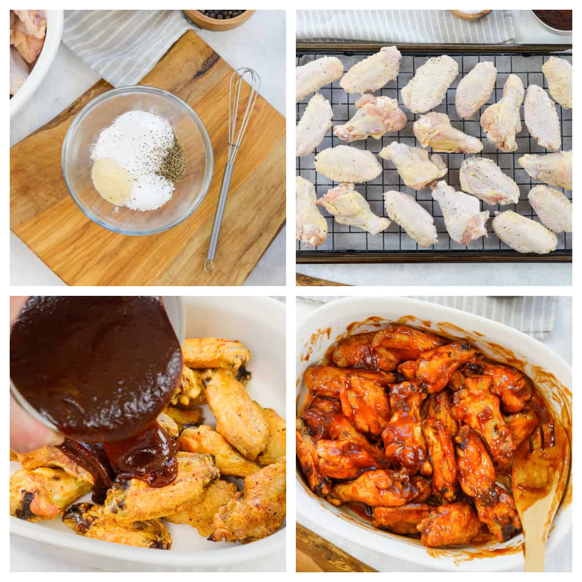Collage showing how to make baked chicken wings with bbq sauce.