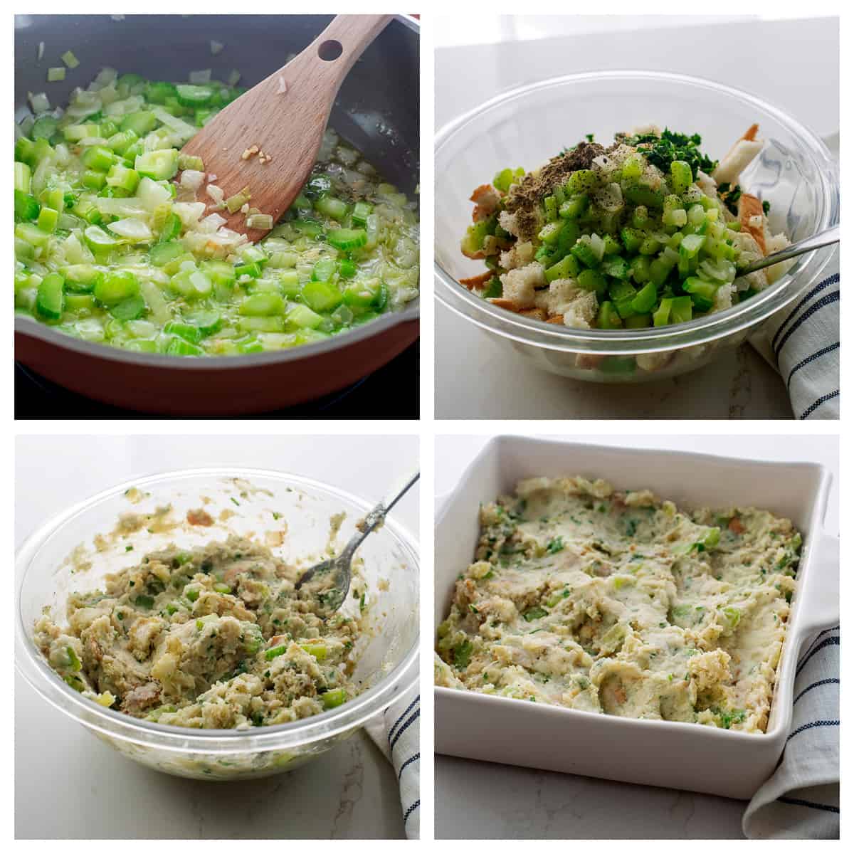 Collage showing how to make mashed potato stuffing.