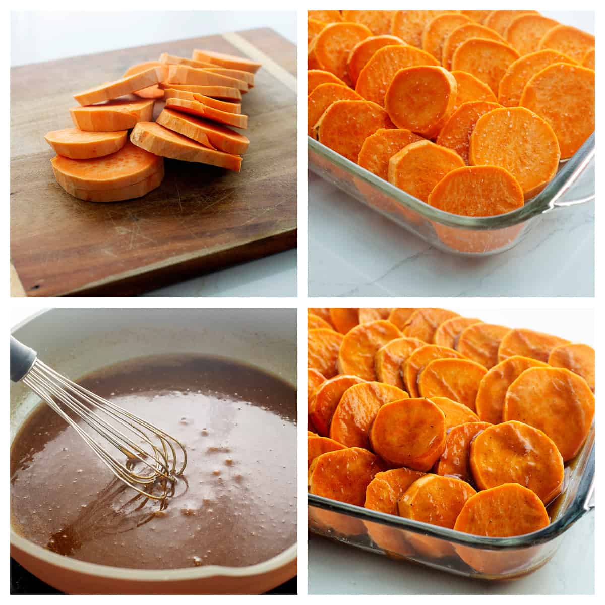 Collage showing how to make candied sweet potatoes.
