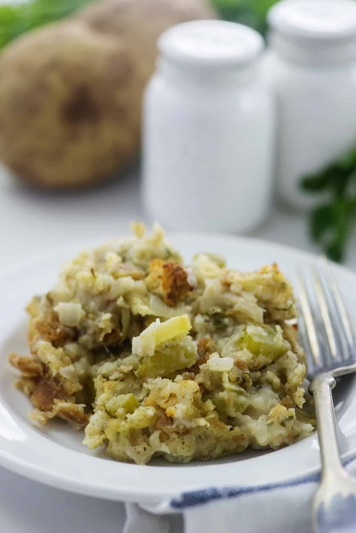 Mashed potato stuffing on white plate.