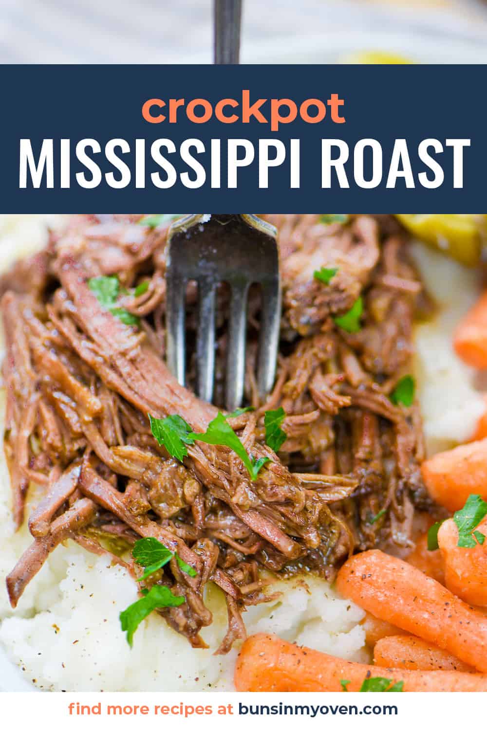 Pot roast on plate with carrots and mashed potatoes.