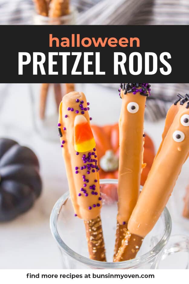Pretzel rods in cup with text for pinterest.