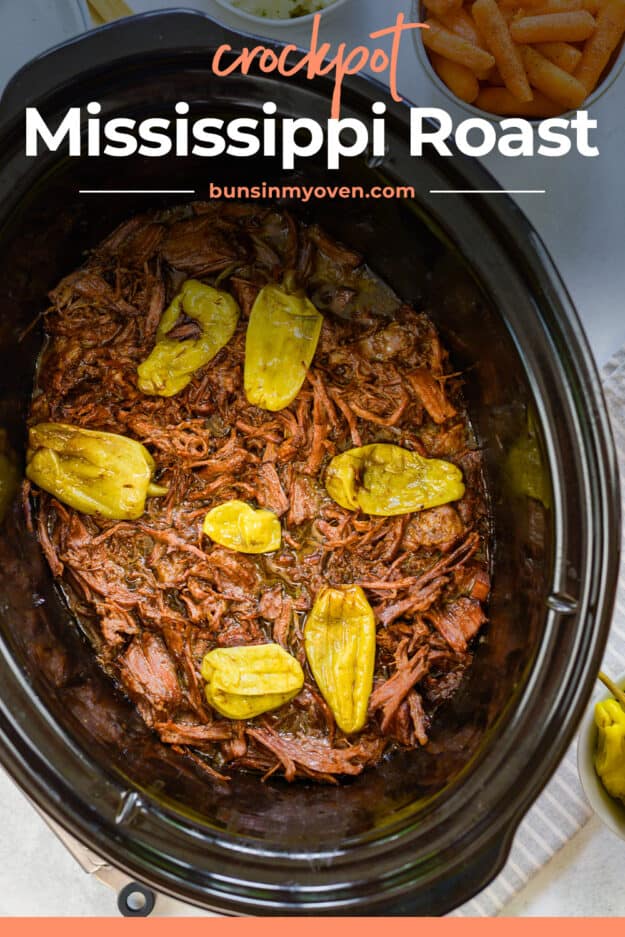 Pot roast in crockpot with peppers.