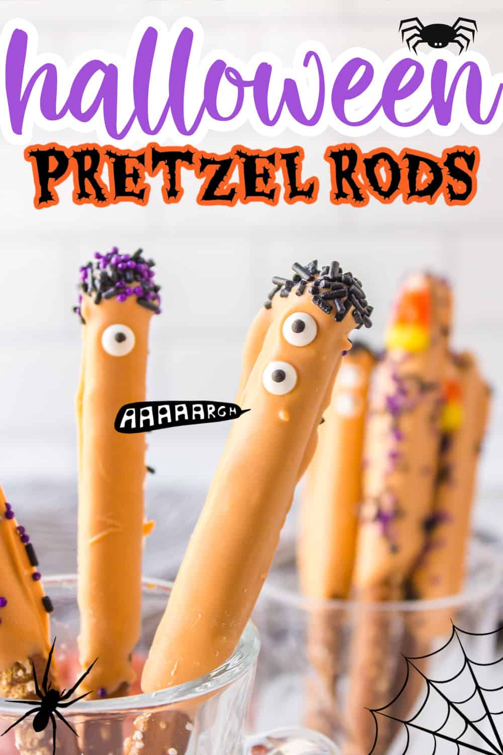 Halloween pretzel rods in glass.