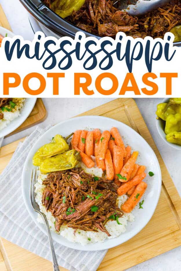 Overhead view of pot roast on plate with potatoes and carrots.