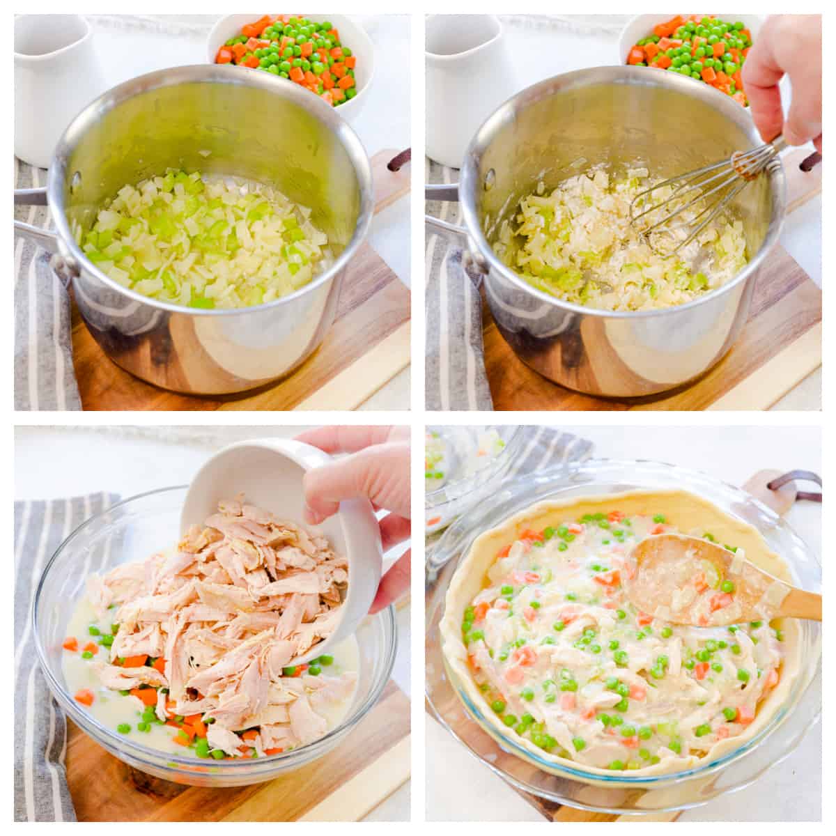 Collage showing how to make turkey pot pie.