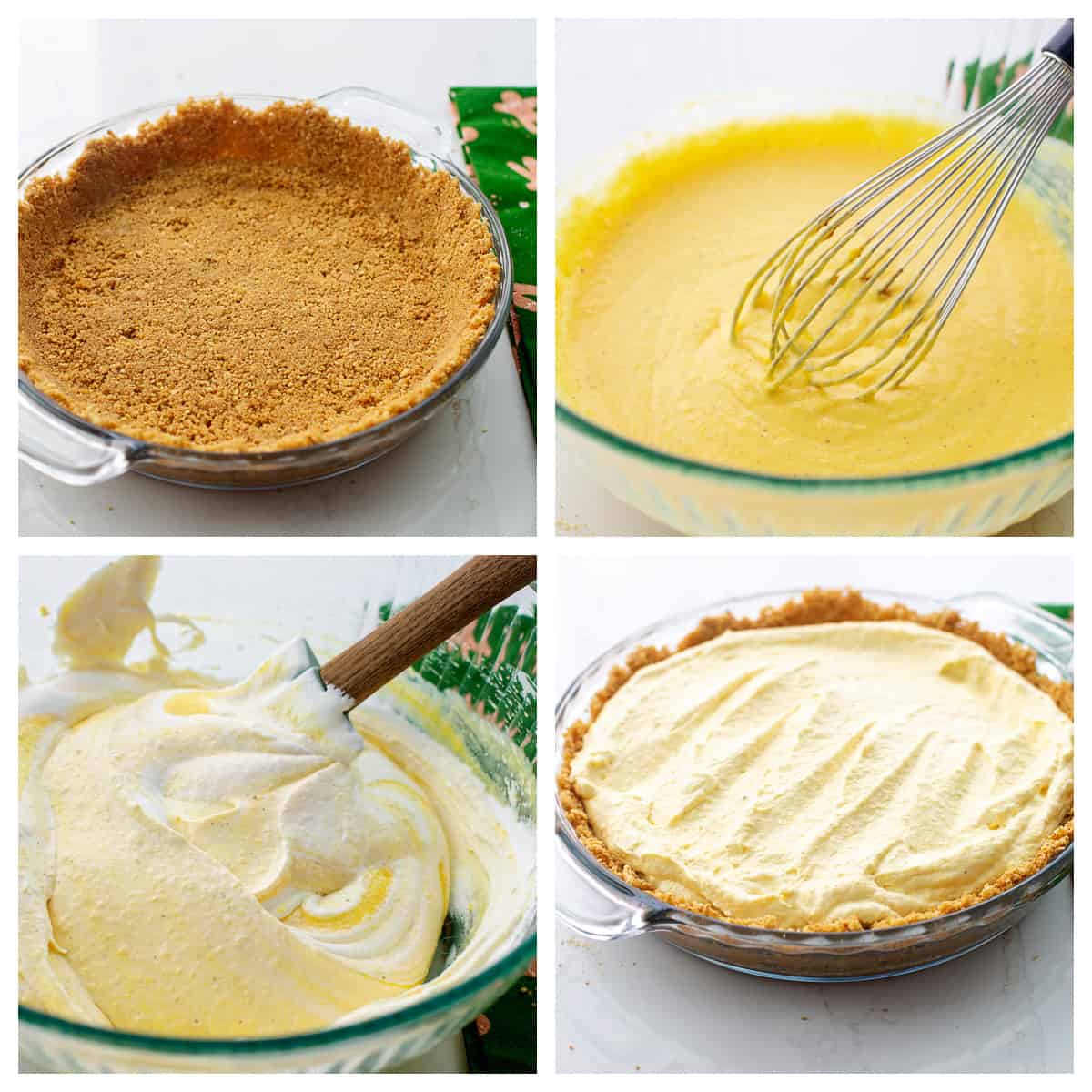 Collage showing how to make eggnog pie.