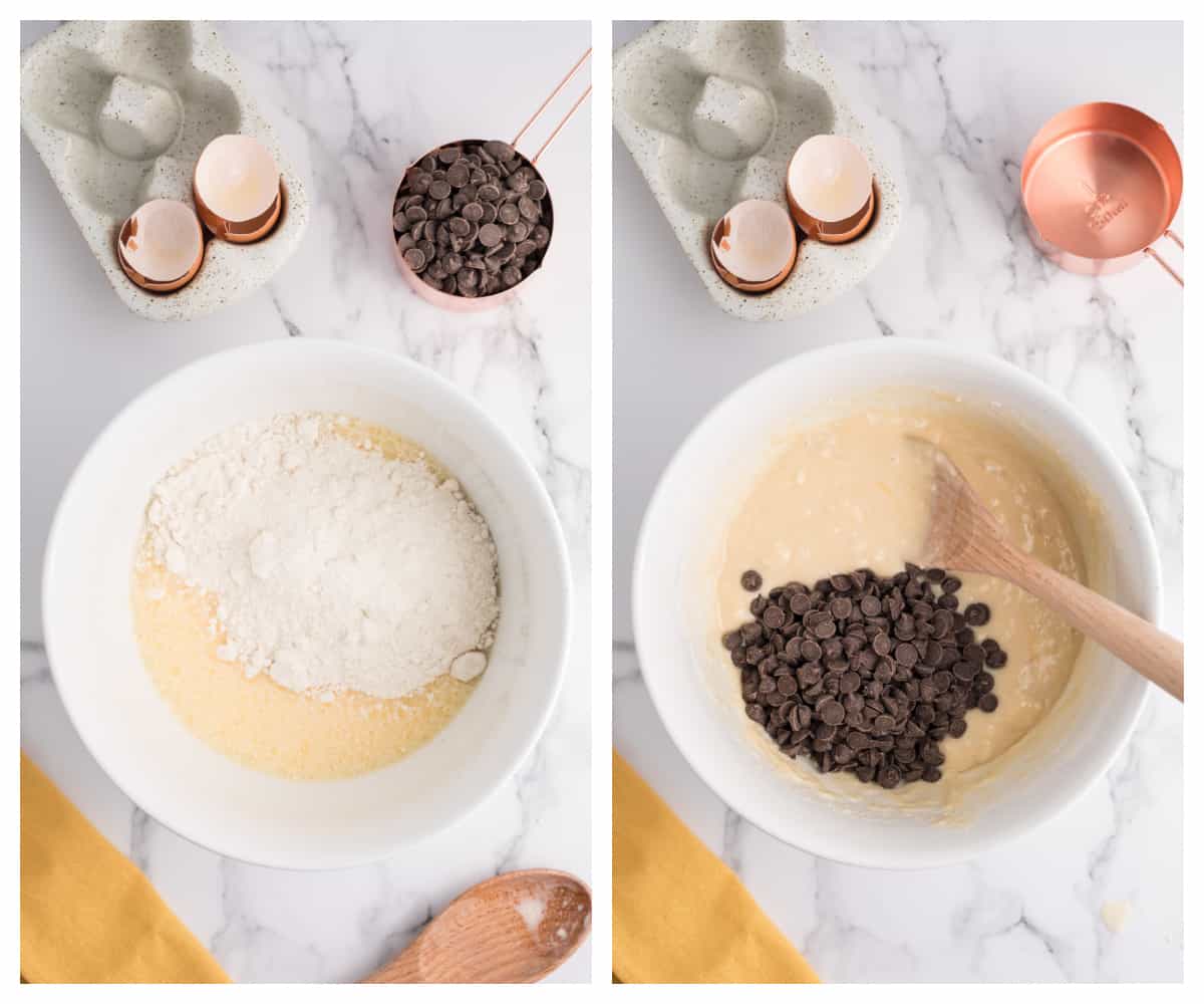 Collage showing how to make muffins from cake mix.
