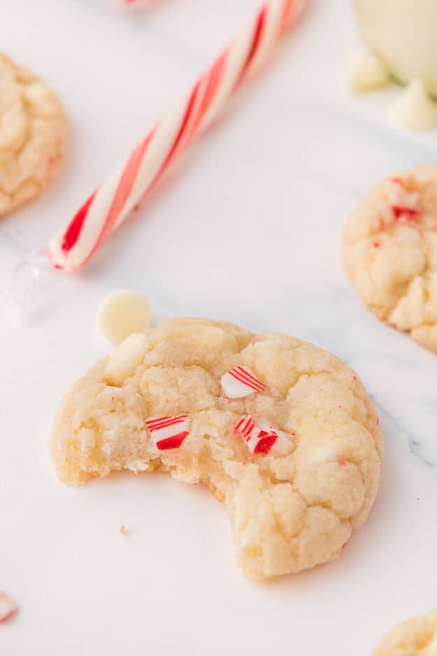 Peppermint cookie with a bite taken out of it.