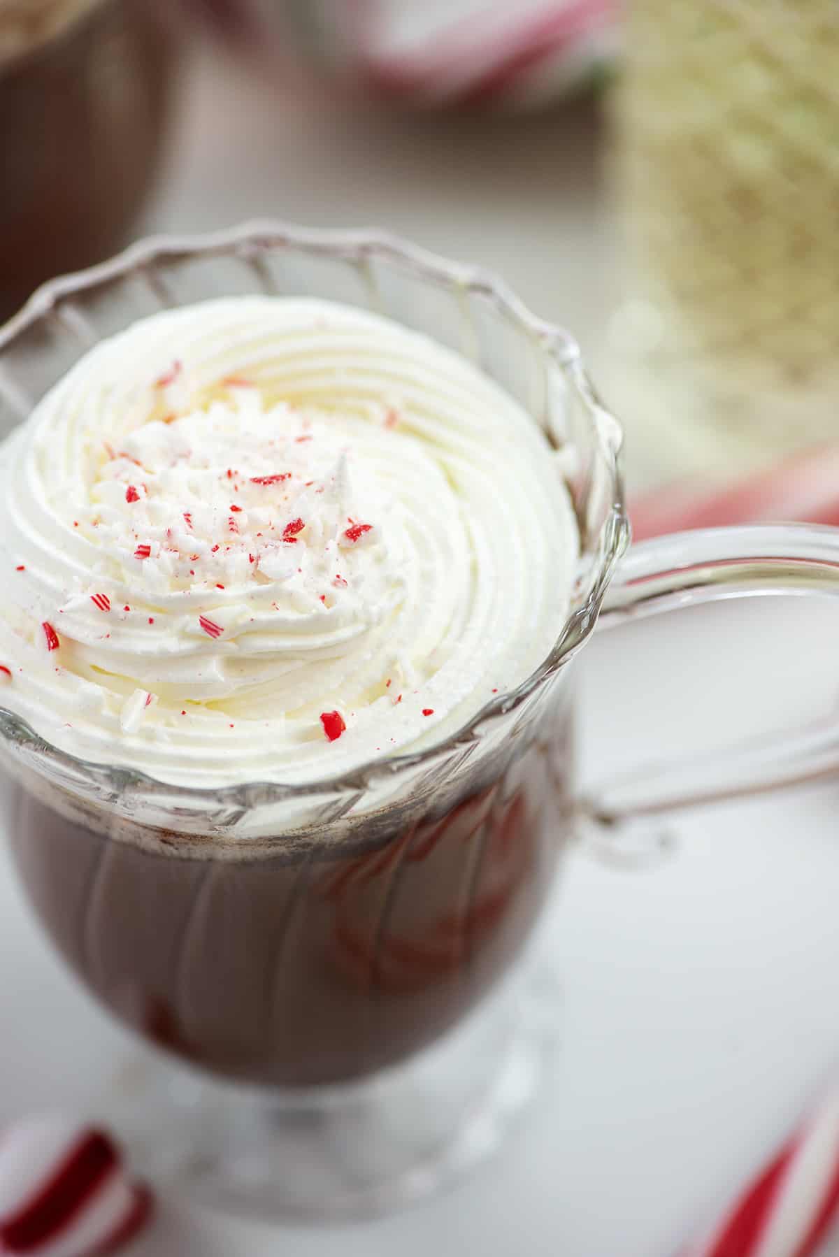 Peppermint mocha in glass mug.