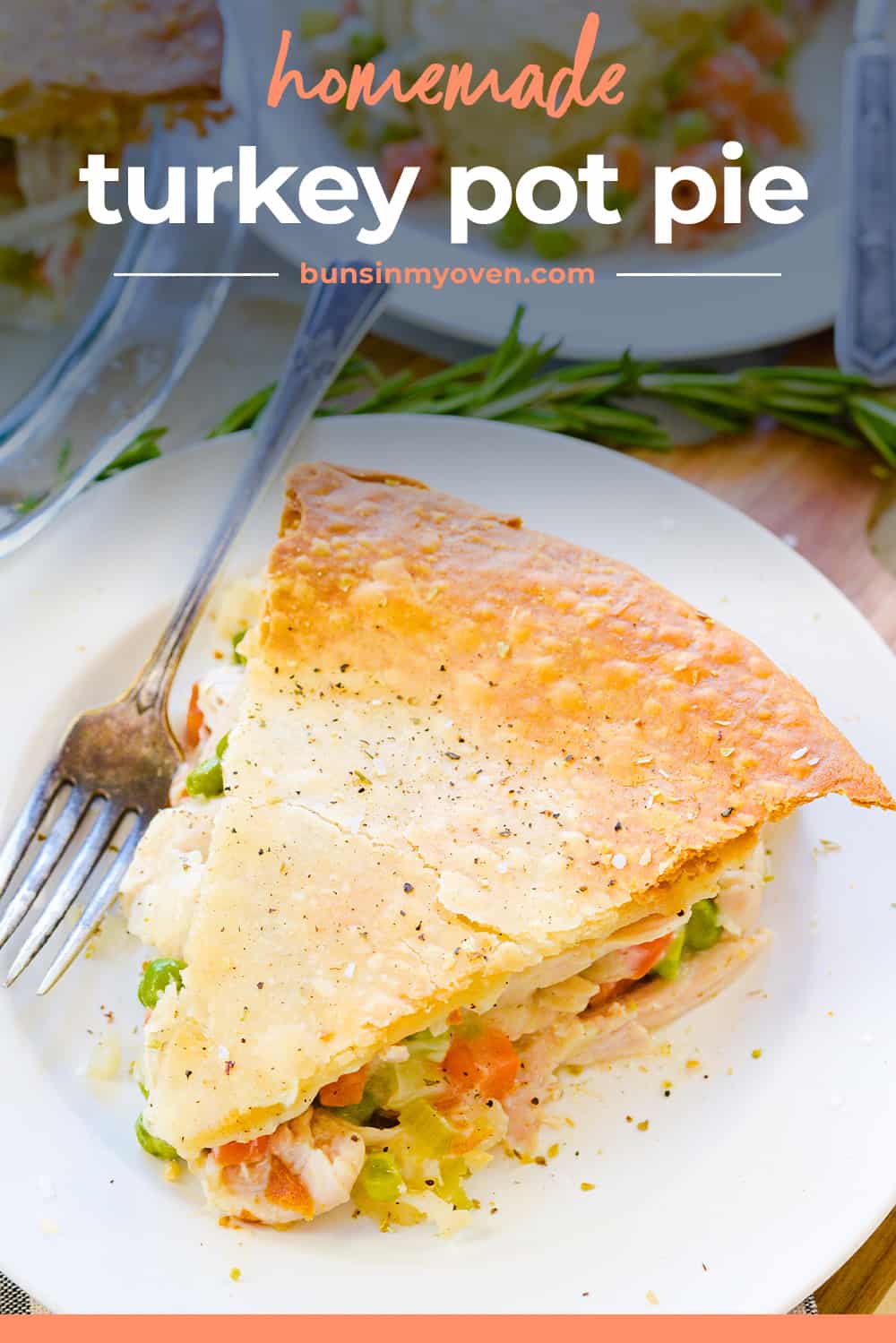 Slice of homemade turkey pot pie recipe on white plate.