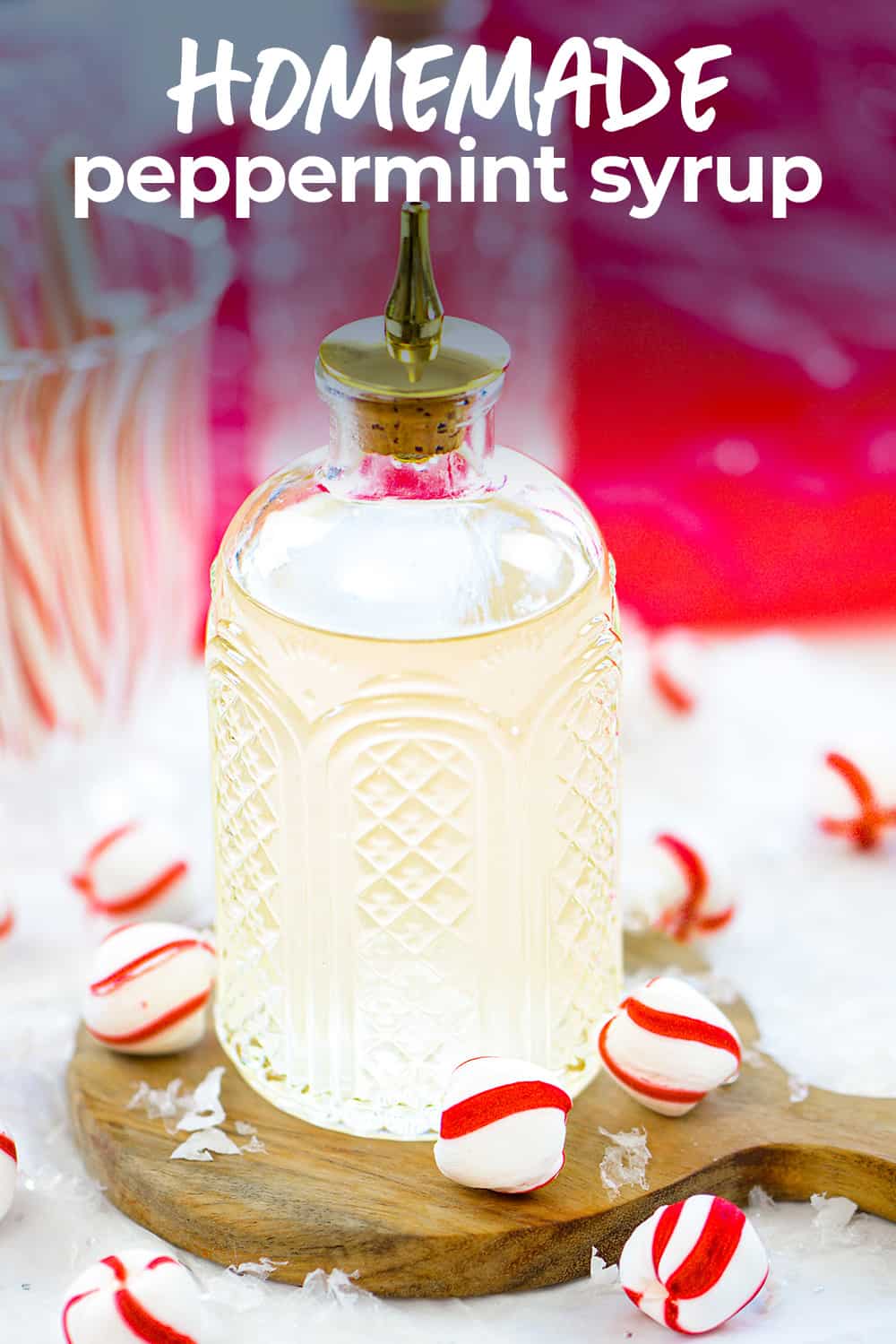 Homemade peppermint coffee syrup in glass bottle.