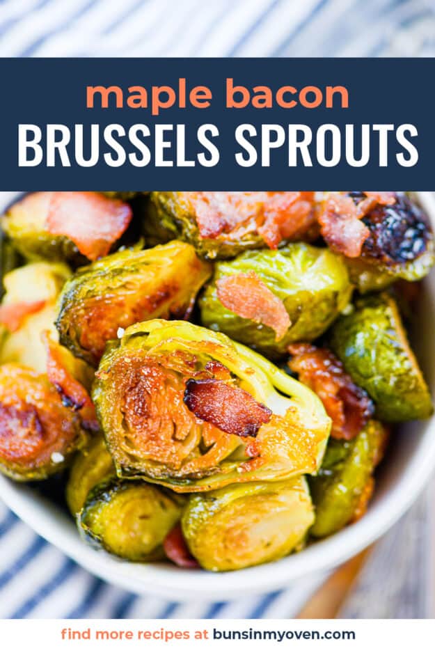 Brussels sprouts in white bowl with text for Pinterest.