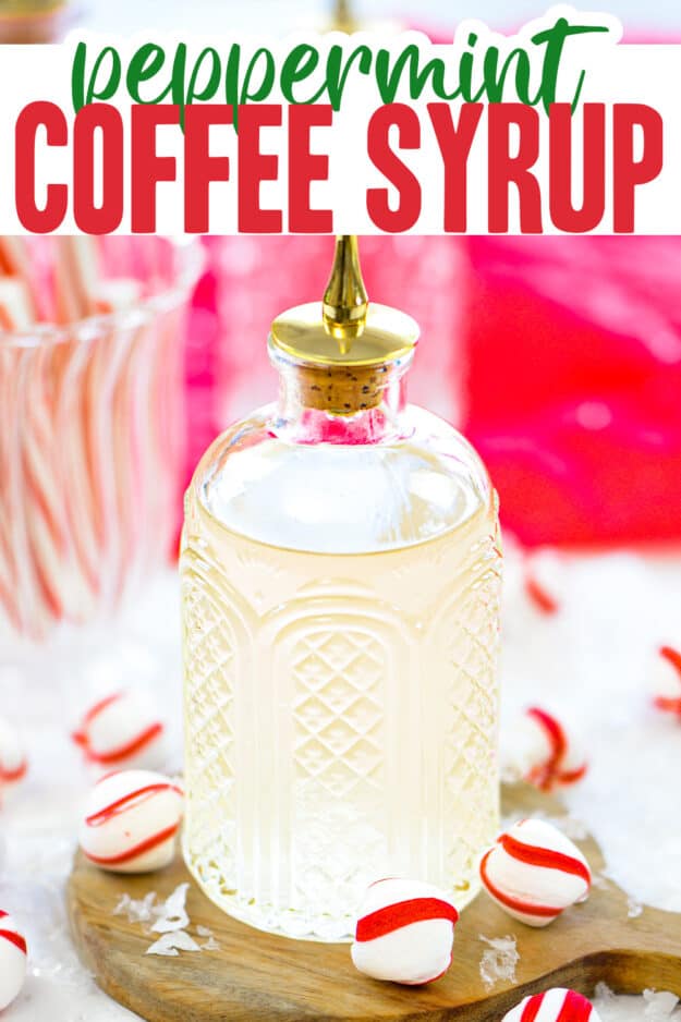 Peppermint syrup in glass bottle.