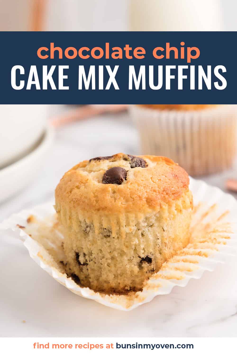 Chocolate chip muffin on liner.