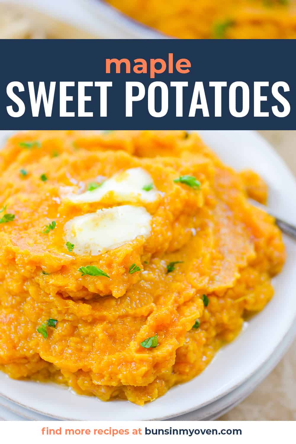 Mashed sweet potato recipe in white bowl.