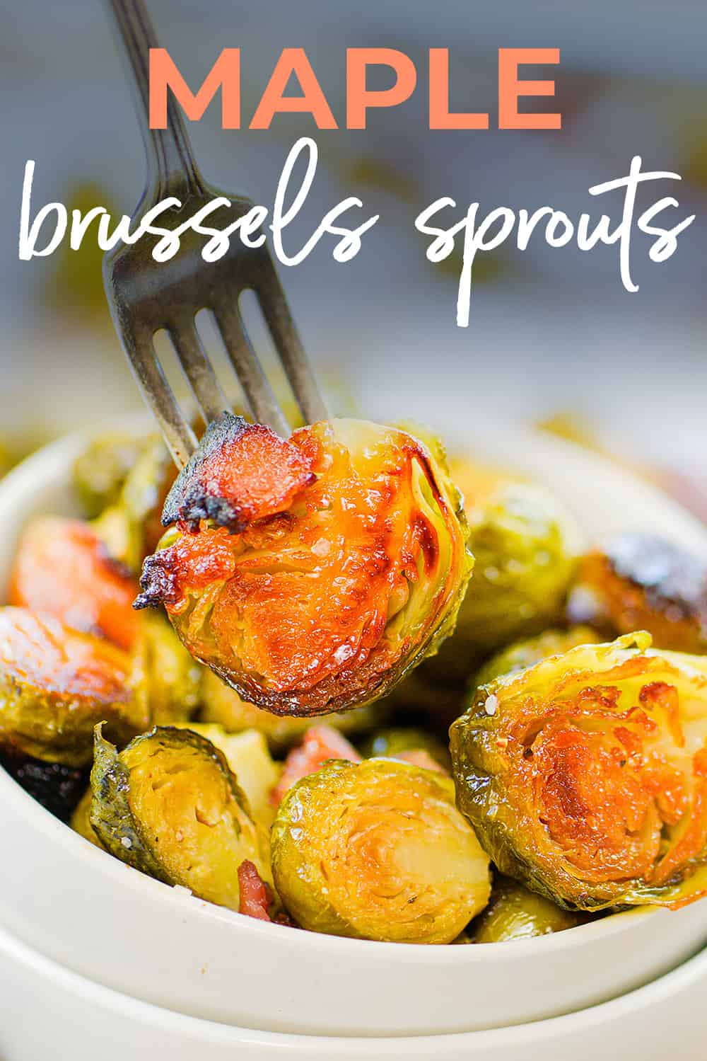 Maple brussels sprouts in bowl with fork.