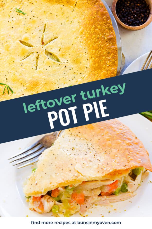 Collage of turkey pot pie images.