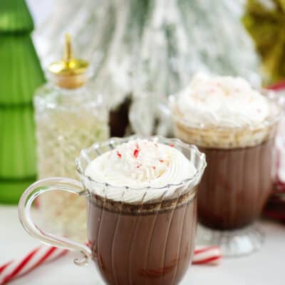 Peppermint mocha latte in glass cup.