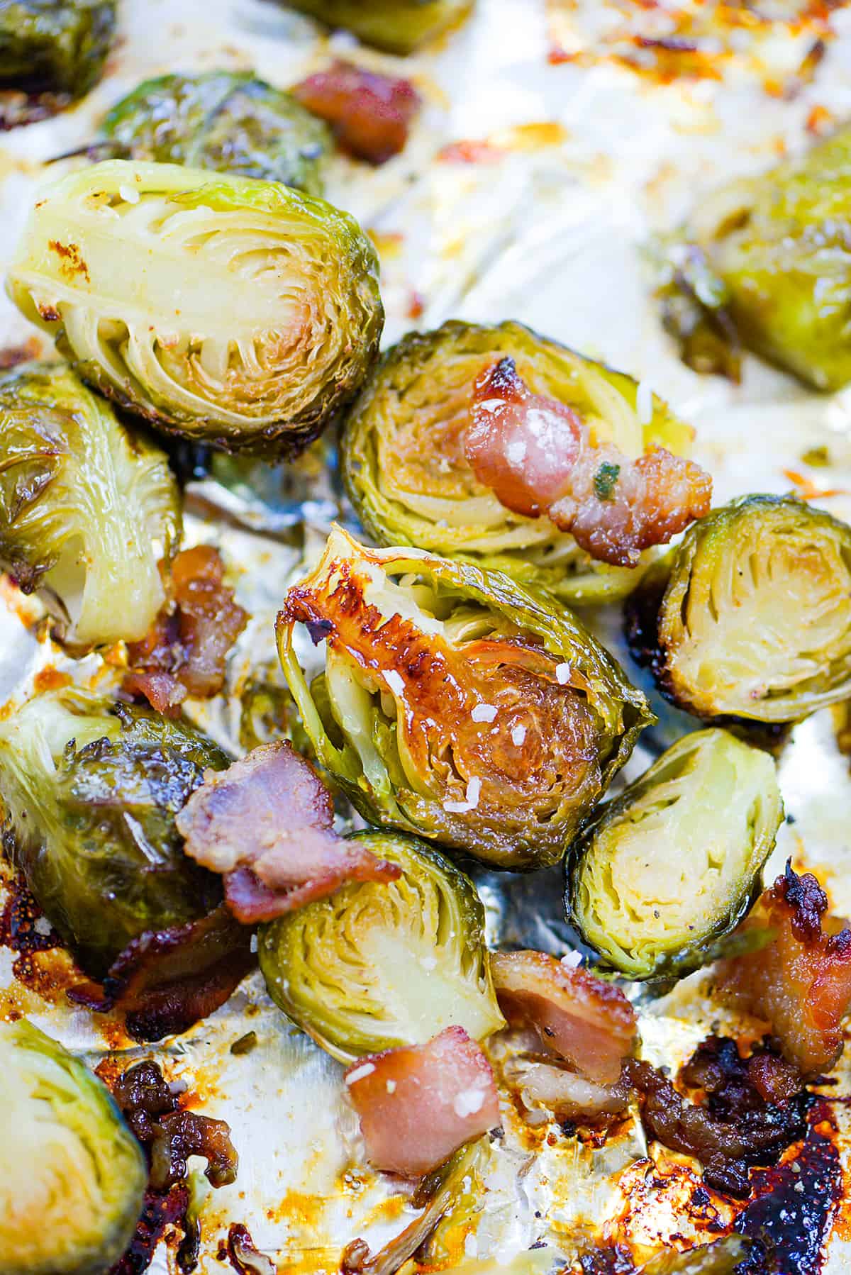 Brussels sprouts and bacon on sheet pan.