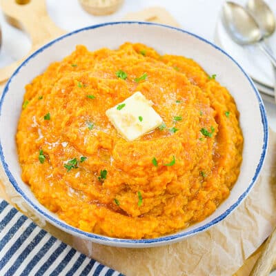 Mashed sweet potatoes in bowl.